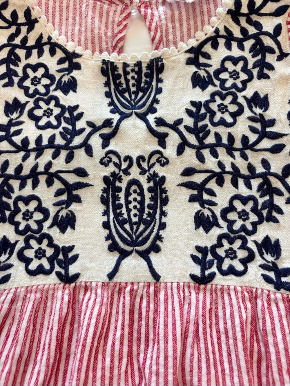 THML Sz S Top Cotton Linen Red White Striped Floral Embroidered Boho Cottagecore - Picture 5 of 10